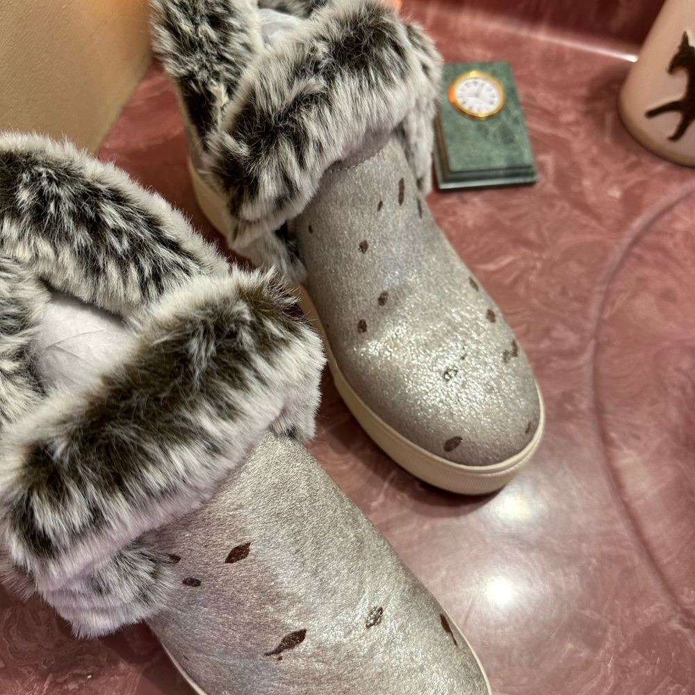 Grey Cow Hair Booties with Metallic and Brown Women’s Faux Fur Lined